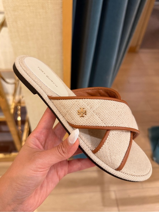 Tory Burch Shoes - Tory Burch Willa Criss Cross Flat Slide Sandals Natural Canvas Brown Leather